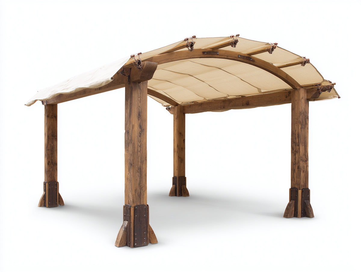 Pavillon 450 x 350 x 270 cm aus Holz mit Stoffdach in Braun und Beige klassischer Gartenstil