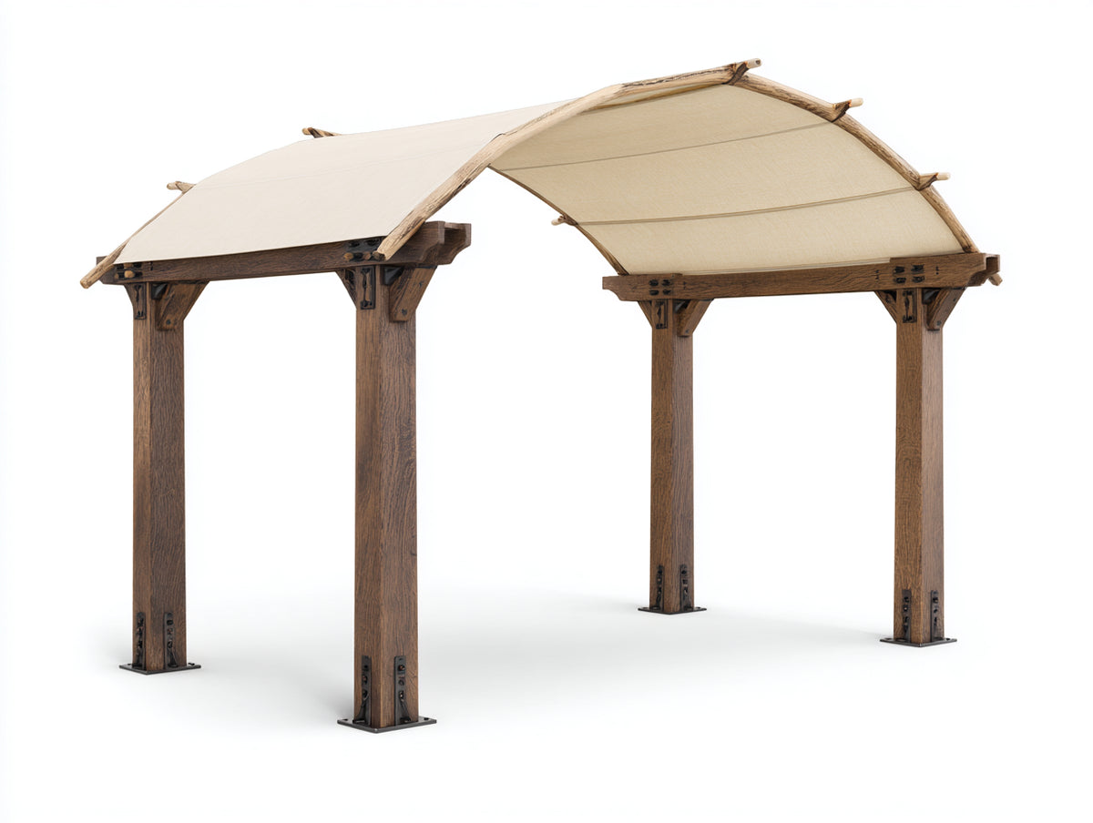 Pavillon aus Holz und Stoff 300 x 300 x 260 cm - Dunkelbraun-Beige-Schwarz - Geteiltes Bogendach und stabile Vierpfostenkonstruktion