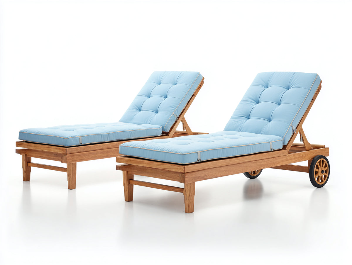 Sonnenliege 200 x 70 x 80 cm aus Holz mit Polsterauflage in Blau und Naturholzfarbe moderner Gartenstil