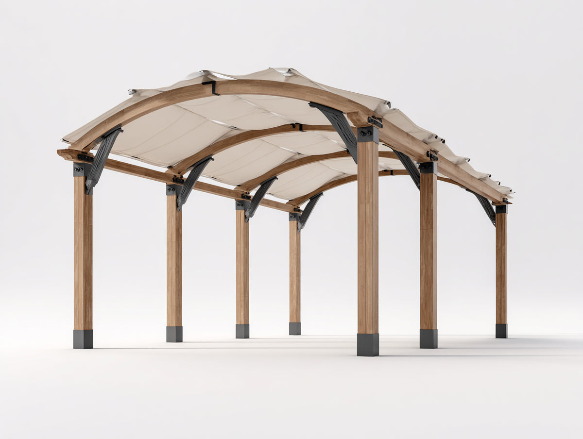 Pavillon aus Holz und Stoff 500 x 300 x 250 cm - Naturholz-Cremeweiß-Schwarz - Gewölbtes Dach und verstärkte Mehrpfostenkonstruktion