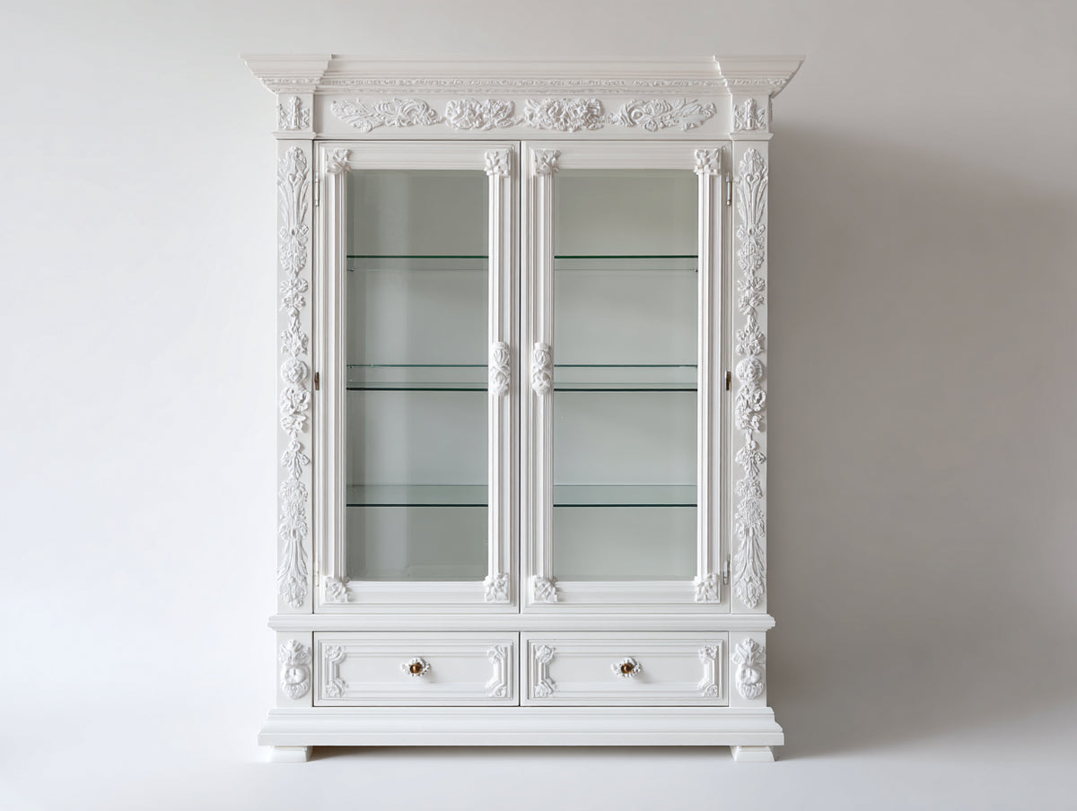Vitrine 190 x 100 x 45 cm aus Holz mit Glastüren und Schubladen in Weiß klassisches Design