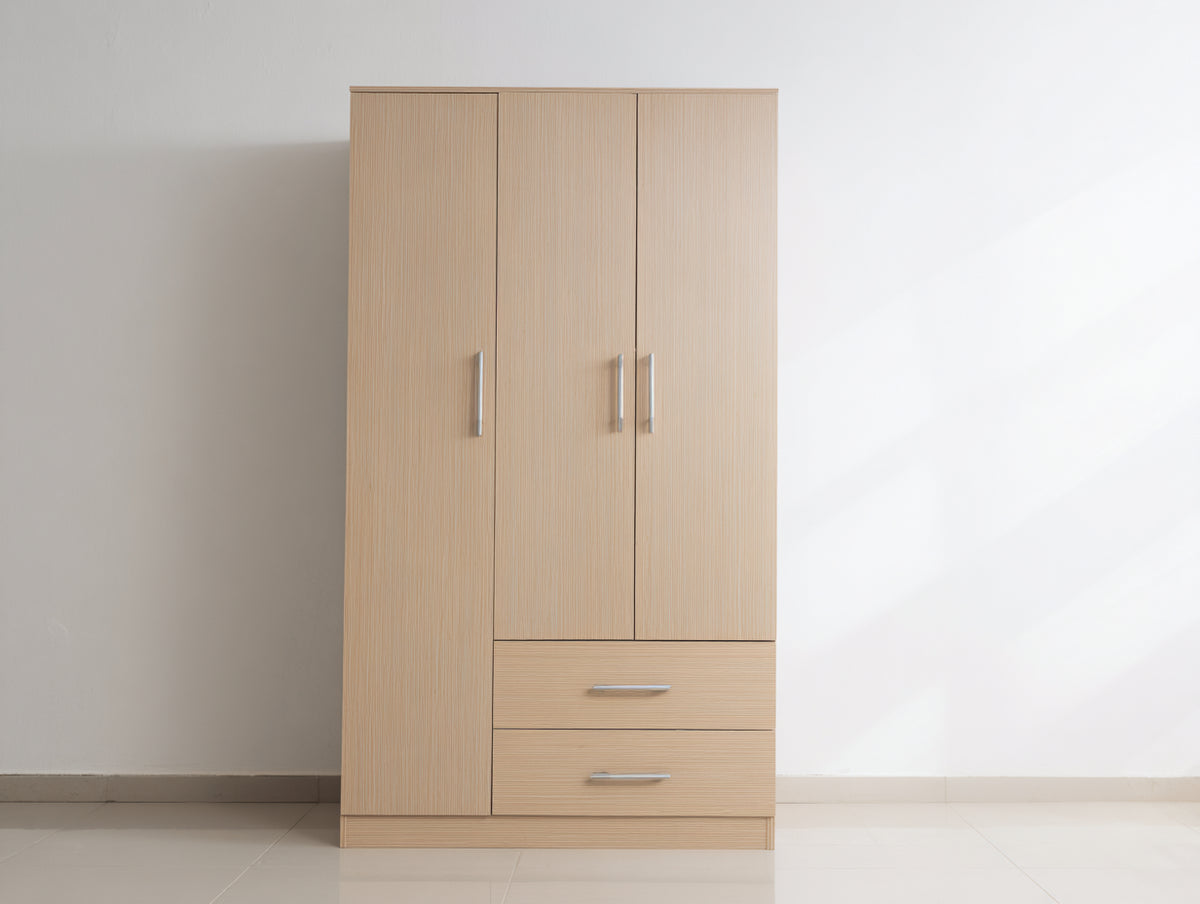 Kleiderschrank aus Holzwerkstoff 120 x 52 x 190 cm - Naturholz-Silberfarben - 3 Türen und 2 Schubladen im modernen Design
