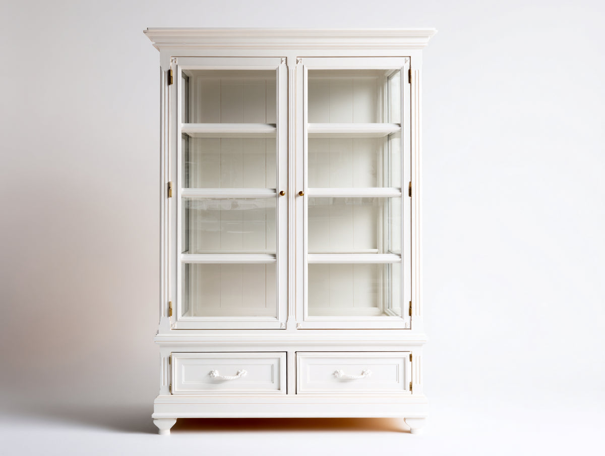 Vitrinen aus Holz und Glas 110 x 45 x 195 cm - Weiß-Goldfarben - 2 Glastüren und 2 Schubladen im klassischen Design