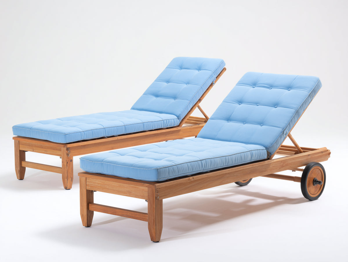 Sonnenliegen aus Holz 200 x 70 x 90 cm - Naturfarben-Hellblau - Modernes 2er Set mit verstellbarer Rückenlehne und Rollen