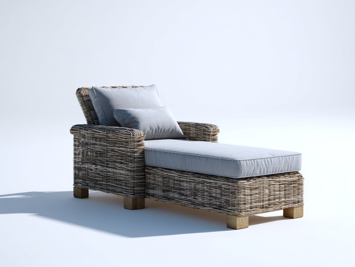 Sonnenliege aus Polyrattan 195 x 82 x 92 cm - Grau-Hellgrau-Naturholz - Breite Liegefläche und hohe Rückenlehne