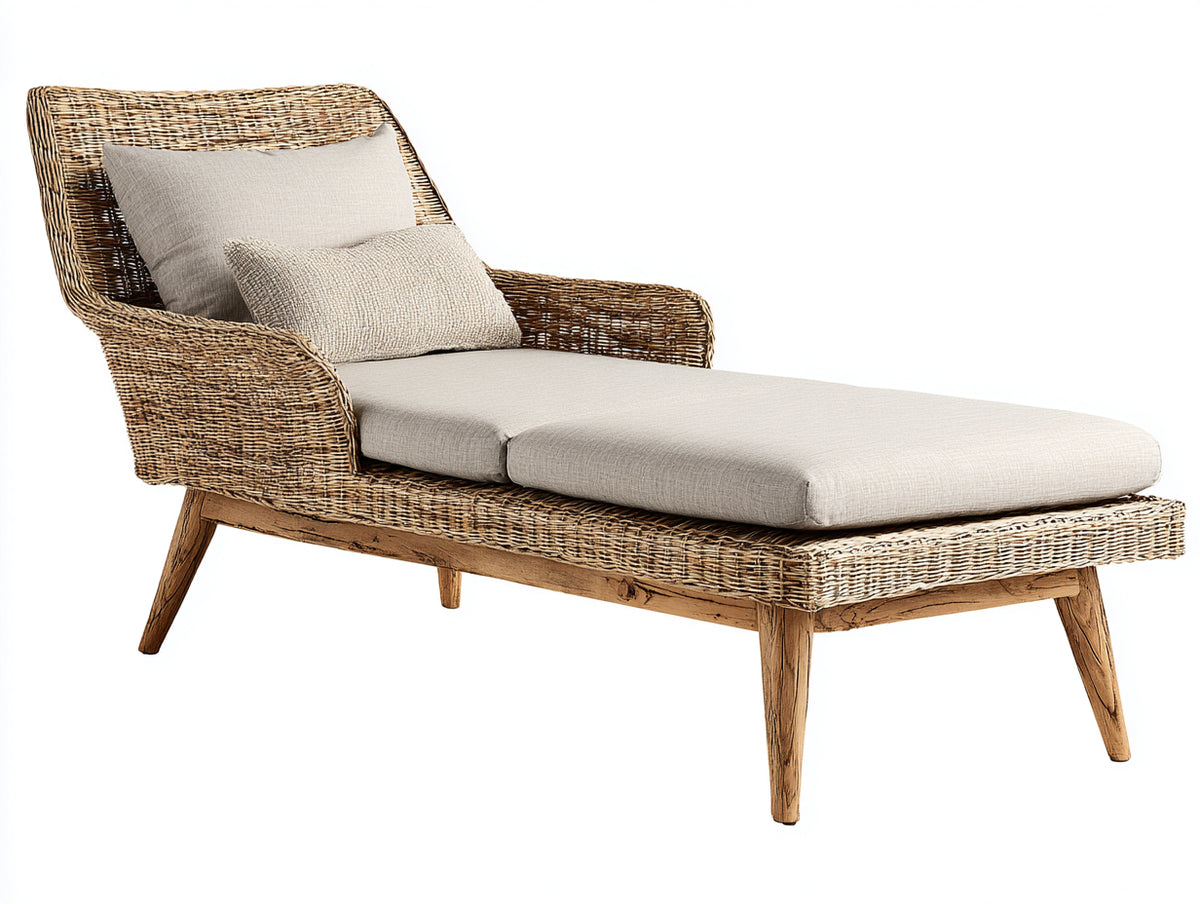 Sonnenliege aus Rattan und Holz 205 x 85 x 98 cm - Braun-Beige-Naturholz - Gepolsterte Liegefläche und geschwungene Rückenlehne