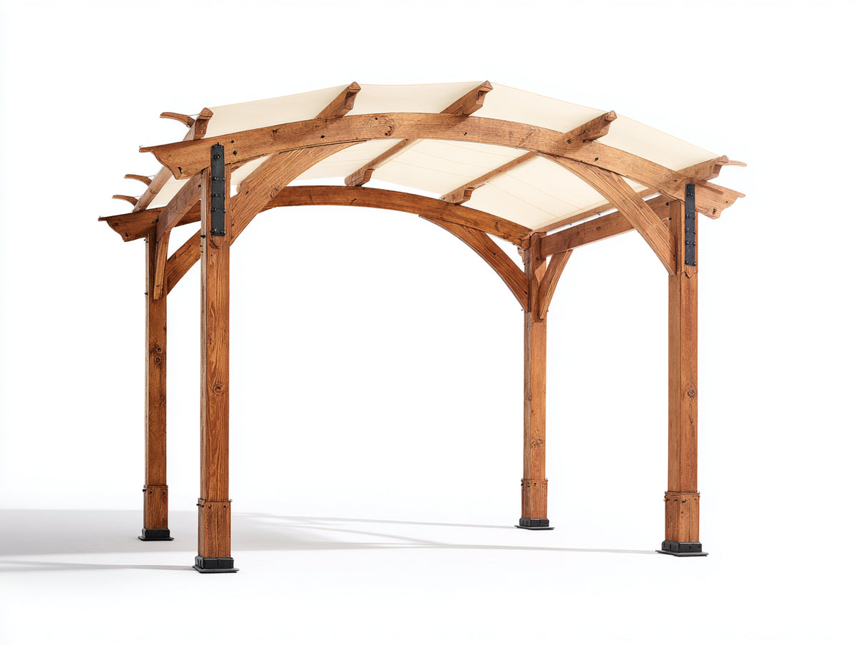 Pavillon aus Holz und Stoff 320 x 300 x 260 cm - Naturholz-Cremeweiß-Schwarz - Gewölbtes Dach und stabile Vierpfostenkonstruktion