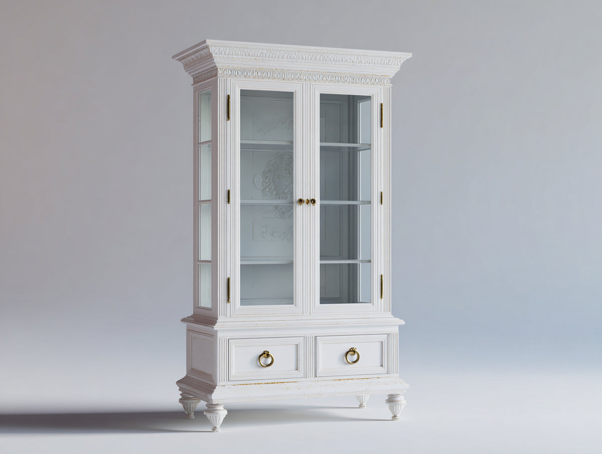 Vitrine aus Holz 100x45x190 cm - Weiß und Goldfarben - Mit 2 Glastüren und 2 Schubladen im klassischen Design