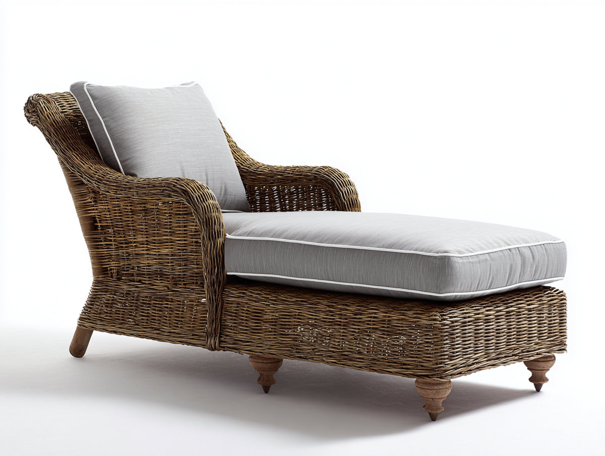 Sonnenliege aus Polyrattan 185x78x88 cm - Braun Grau und Naturholz - Gepolsterte Liegefläche mit hoher Rückenlehne