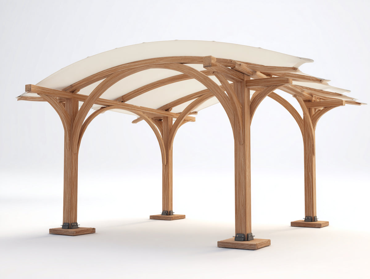 Pavillon aus Holz 350 x 300 x 270 cm - Natur-Creme - Mit gewölbtem Stoffdach
