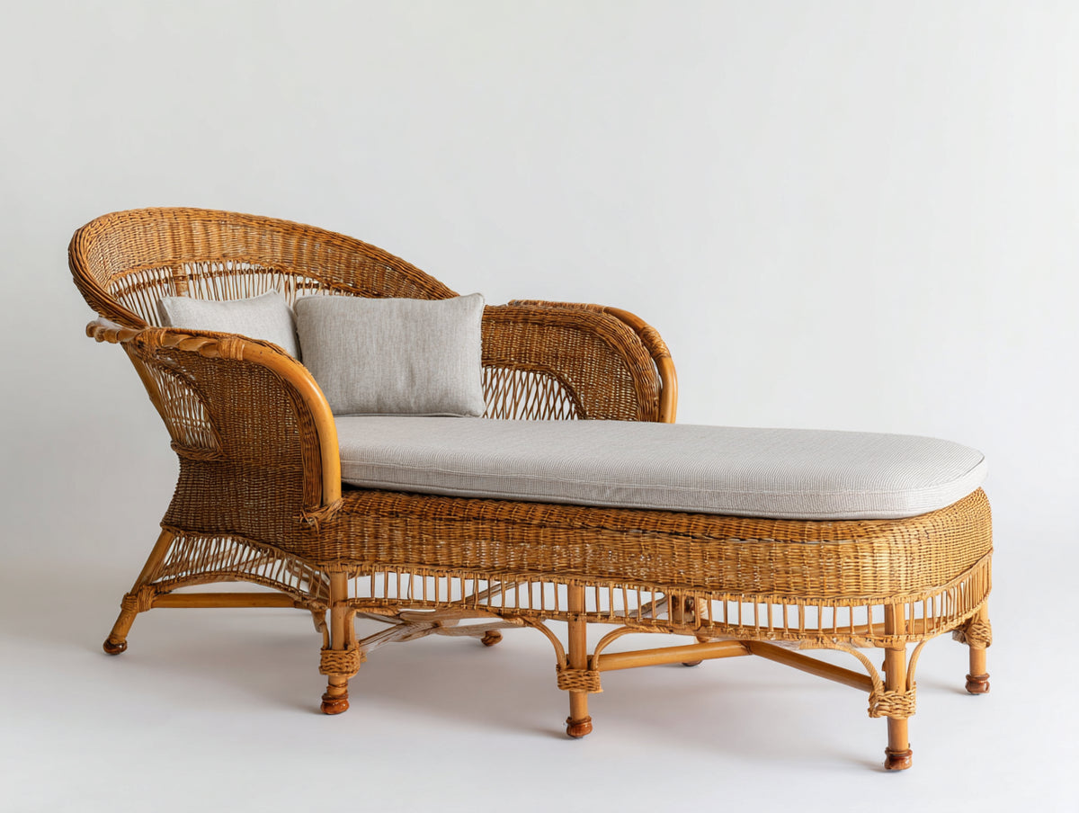 Sonnenliege 200 x 70 x 75 cm aus Rattan mit Polsterauflage in Braun und Beige moderner Gartenstil