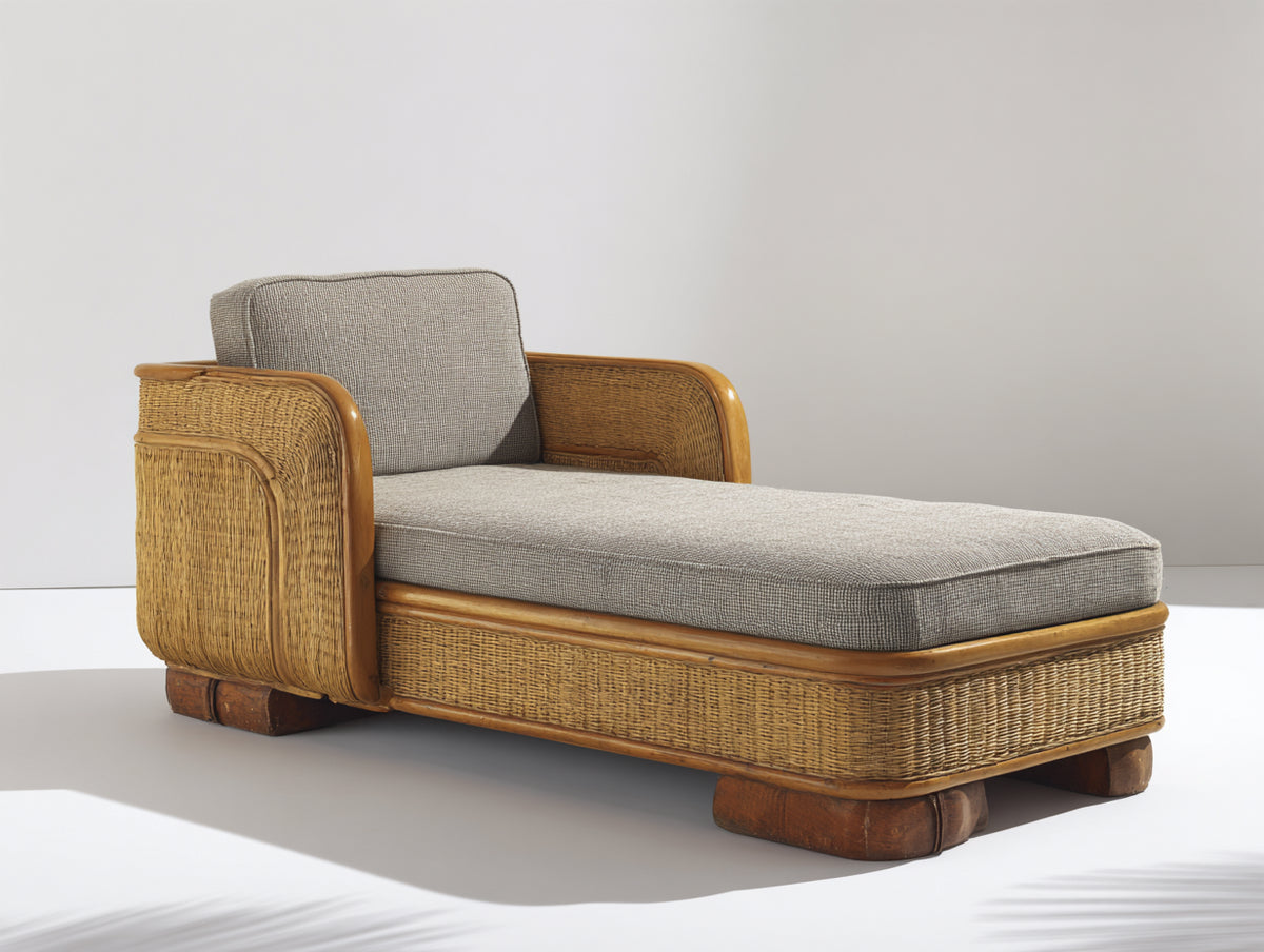 Sonnenliege aus Rattan und Holz 198 x 82 x 90 cm - Braun-Grau-Dunkelbraun - Gepolsterte Liegefläche und hohe Rückenlehne