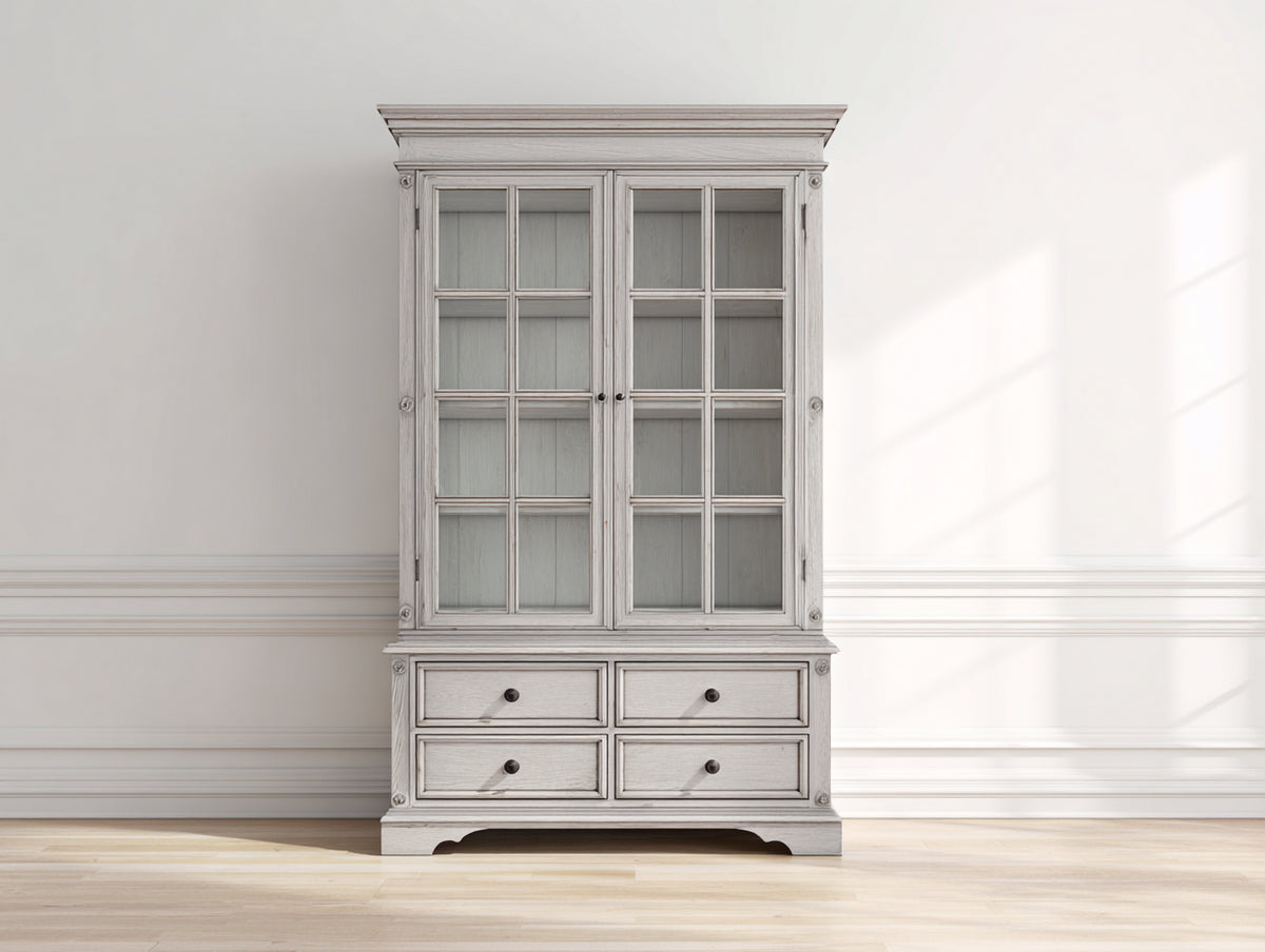Vitrinen mit 2 Glastüren und 4 Schubladen 115 x 48 x 205 cm - Weiß - Klassisches Landhausdesign
