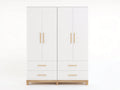 Kleiderschrank 200 x 200 x 60 cm aus Holz mit 4 Türen und 4 Schubladen in Weiß und Naturholz modernem Design