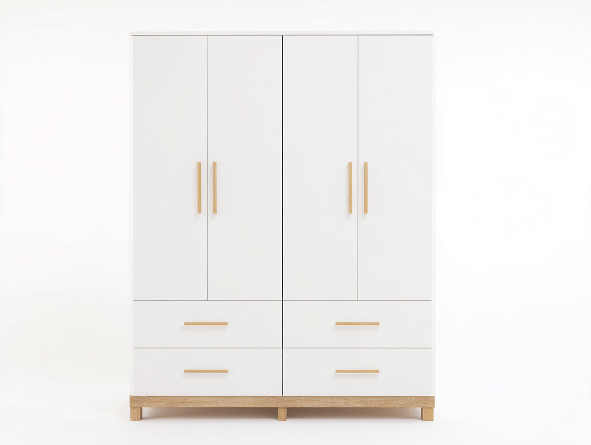 Kleiderschrank 200 x 200 x 60 cm aus Holz mit 4 Türen und 4 Schubladen in Weiß und Naturholz modernem Design