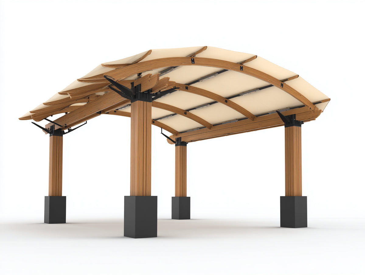 Pavillon aus Holz 400x300x280 cm - Braun Beige und Schwarz - Mit geschwungenem Doppeldach im modernen Design