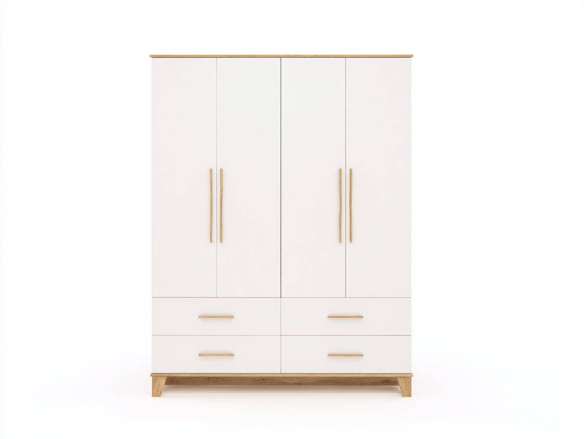 Kleiderschrank aus Holzwerkstoff 160 x 55 x 200 cm - Weiß-Naturholz - 4 Türen und 4 Schubladen im modernen Design