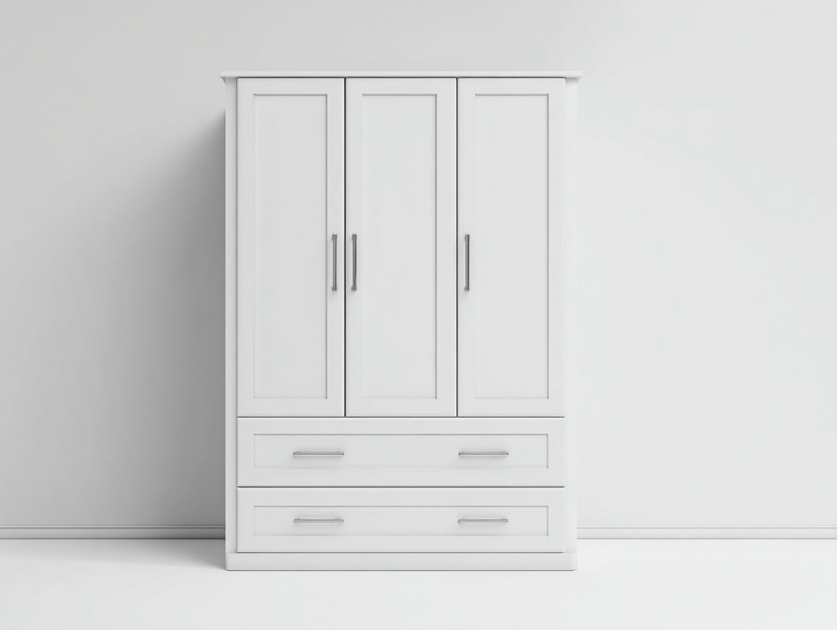 Kleiderschrank aus Holzwerkstoff 130 x 55 x 195 cm - Weiß-Silberfarben - 3 Türen und 2 Schubladen im klassischen Design