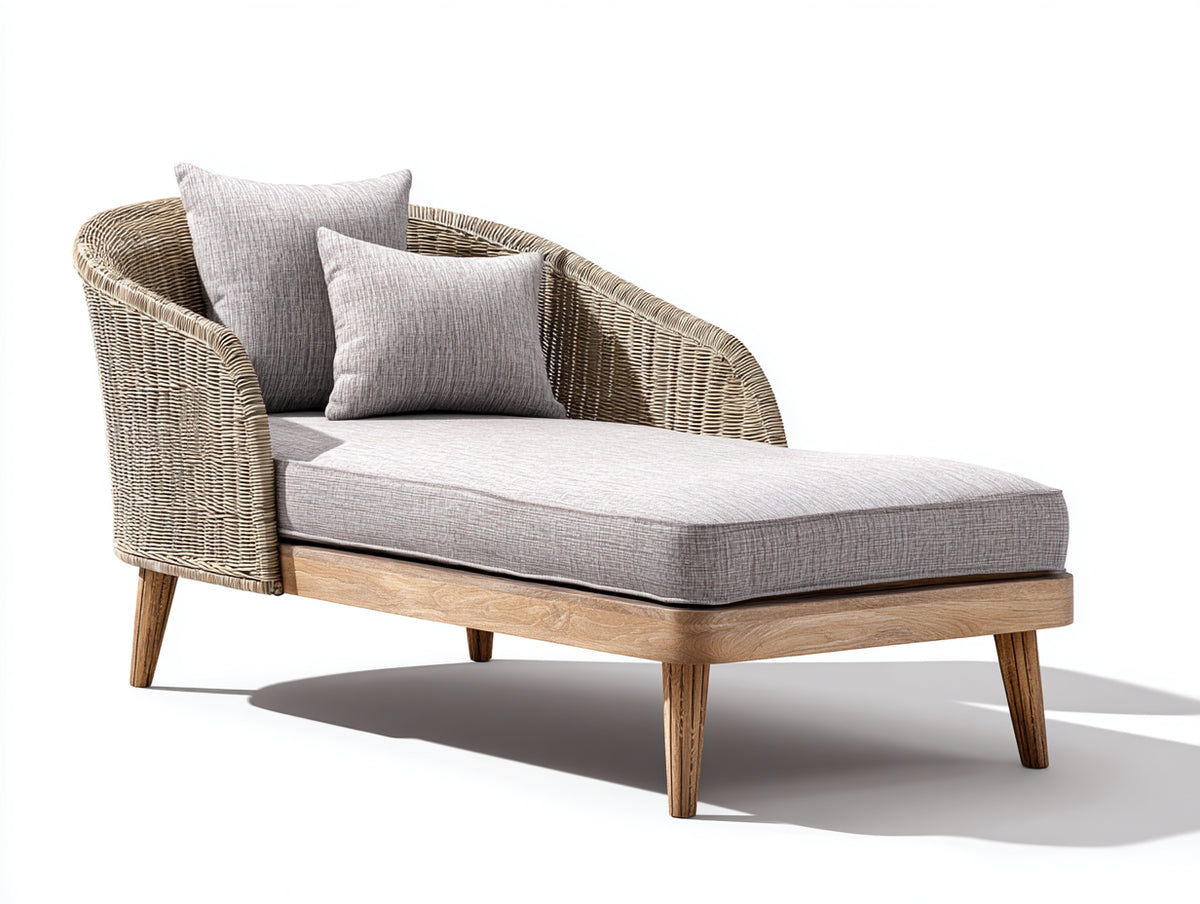 Sonnenliege aus Polyrattan und Holz 190x82x78 cm - Naturbraun Hellgrau und Naturholz - Gepolsterte Liegefläche mit seitlicher Rückenlehne