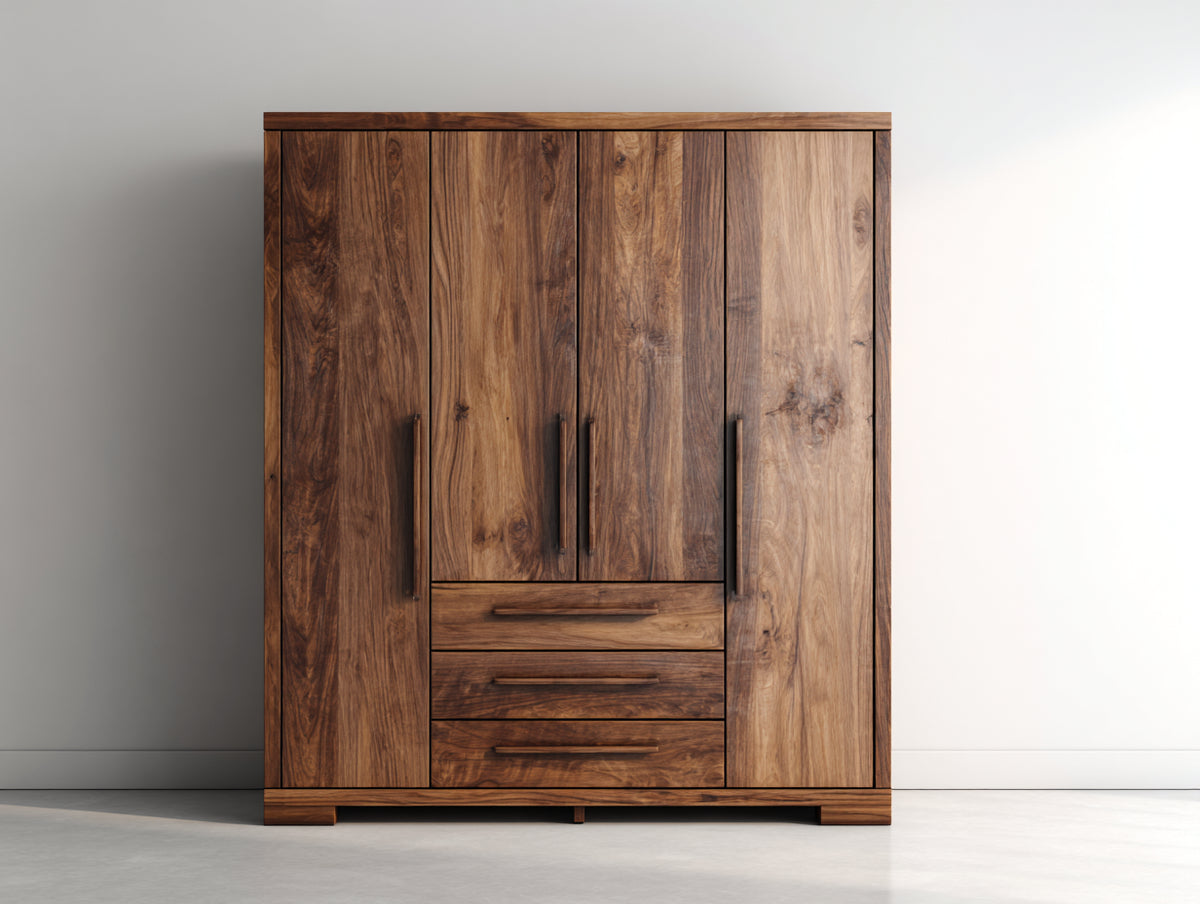Kleiderschrank mit 4 Türen und 3 Schubladen 160 x 60 x 195 cm - Walnussbraun - Modernes Design mit Holzoptik