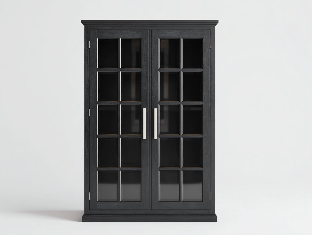 Vitrinen aus Holz und Glas 105 x 42 x 190 cm - Schwarz-Silberfarben - 2 Glastüren und klassisches Sprossendesign