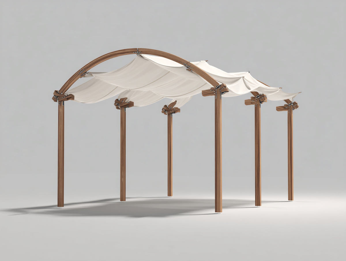 Pavillon aus Holz und Stoff 400 x 300 x 250 cm - Naturholz-Cremeweiß - Gewölbtes Dach und luftiges Sonnenschutzdesign