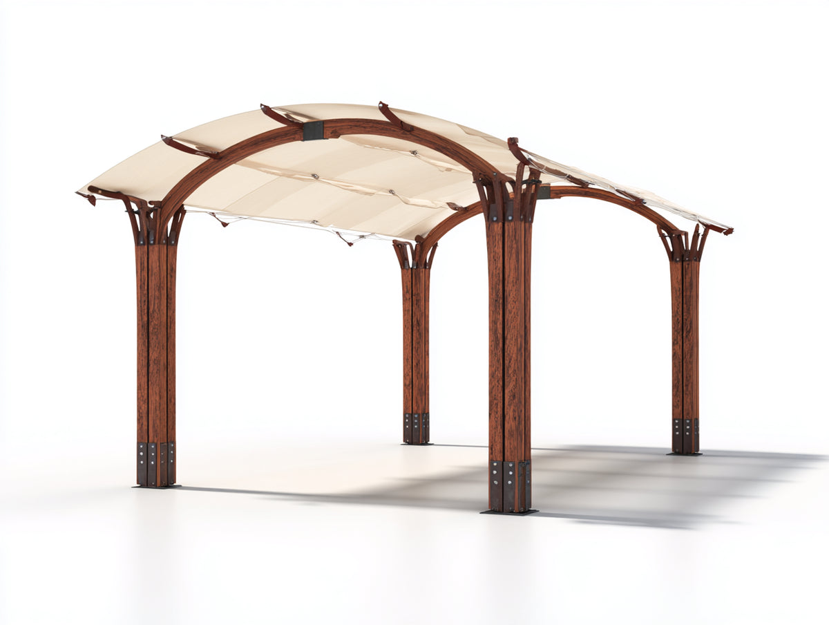 Pavillon aus Holz 400 x 300 x 270 cm - Dunkelbraun-Creme - Mit gewölbtem Stoffdach